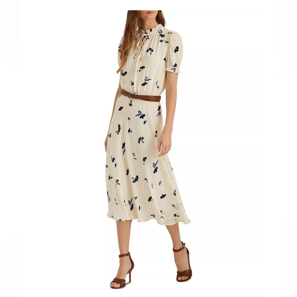 🤍Lauren RL Floral Puff-Sleeve Georgette Dress